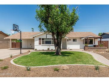 Charming single-story home with a manicured front yard and a large shade tree at 1712 N Old Colony --, Mesa, AZ 85201