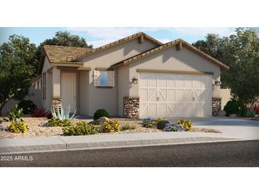 Charming single-story home showcasing a desert landscape, neutral stucco, and an attached two-car garage at 334 S San Gregorio Ln, Casa Grande, AZ 85194