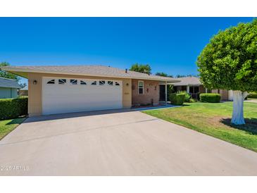 Charming single-story home with a well-manicured lawn and spacious driveway at 10513 W Roundelay Cir, Sun City, AZ 85351