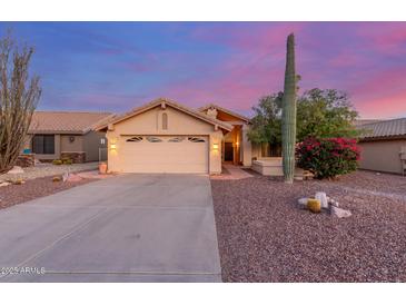 Charming single-Gathering home featuring a two-car garage, desert landscaping, and mature Saguaro cactus at 8061 E Lavender Dr, Gold Canyon, AZ 85118