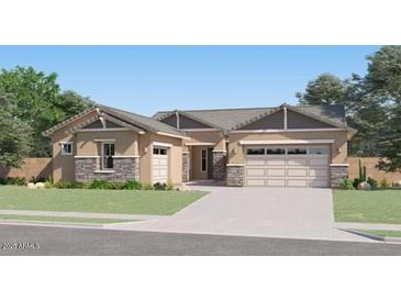 Inviting single-story home with neutral color palette, well-manicured lawn, and a two-car garage at 2955 E Lucky Horseshoe Ln, San Tan Valley, AZ 85140