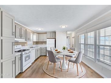 Bright kitchen features gray cabinetry, marble countertops, and a dining area with natural light from a nearby window at 320 E Mckellips Rd # 186, Mesa, AZ 85201