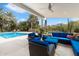 Outdoor lounge area featuring stylish blue furniture, ideal for relaxation and entertaining near the pool at 8517 N 48Th Pl, Paradise Valley, AZ 85253