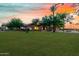 Well-manicured front lawn with mature trees, and a stone and stucco facade at 3831 E Huber St, Mesa, AZ 85205