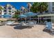 A large pool area surrounded by palm trees and multi-story apartment buildings on a sunny day at 2511 W Queen Creek Rd # 179, Chandler, AZ 85248