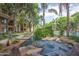 Tranquil view of the water feature and adjacent community pool with mature shade trees at 2989 N 44Th St # 3036, Phoenix, AZ 85018