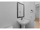 Modern powder bath with a pedestal sink, sleek fixtures and a designer mirror at 32535 N 135Th Dr, Peoria, AZ 85383