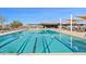 Community swimming pool showcasing swimming lanes, lounge chairs and shaded seating area with tables at 22882 E Marsh Rd, Queen Creek, AZ 85142