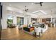 Spacious open-plan living area featuring hardwood floors, modern lighting and easy access to the backyard at 36323 N 100Th Way, Scottsdale, AZ 85262