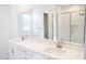 Bathroom with double sinks, large mirror, and glass enclosed shower at 2428 W Rowel Rd, Phoenix, AZ 85085