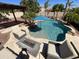 Backyard pool with seating, fire pit, and lush tropical landscaping for outdoor entertaining at 4142 E Zion Pl, Chandler, AZ 85249