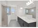 Bathroom with double vanity, white countertops, tiled shower, and sleek lighting at 25137 N 171St Ave, Surprise, AZ 85387