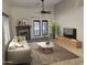 Bright living room features a cozy fireplace, media center, and doors to the outdoors at 1523 E Black Diamond Dr, Gilbert, AZ 85296