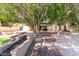 Large backyard with mature shade trees, rock and wooden pathways, and covered patio at 2107 S Paseo Loma --, Mesa, AZ 85202