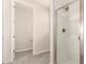 Bathroom showcasing a glass-enclosed shower with subway tile and neutral-toned flooring at 18792 E Panchito Dr, Gold Canyon, AZ 85118