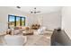 Bright living room with contemporary furnishings, a modern ceiling fan, and large windows offering scenic views at 9989 E Aleka Way # 337, Scottsdale, AZ 85262