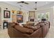 Spacious living room with a stone fireplace, ceiling fans, recessed lighting, and an expansive leather sofa at 2222 N Val Vista Dr # 3, Mesa, AZ 85213
