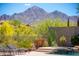 Backyard pool and spa with patio furniture and vibrant desert landscaping and mountain views at 10646 E Butherus Dr, Scottsdale, AZ 85255