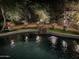 Night view of a freeform swimming pool with stone coping and landscaping at 8336 E Sunnyside Dr, Scottsdale, AZ 85260