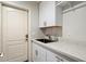 A modern laundry room with white cabinets and a sink and access to the exterior at 7979 E Princess Dr # 13, Scottsdale, AZ 85255