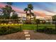 Pathway to main house with string lights and beautiful sunset at 6501 E Cholla St, Scottsdale, AZ 85254