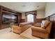 Cozy media room showcasing a large screen TV, elegant window treatments, and plush leather seating at 6322 E Turquoise Ave, Paradise Valley, AZ 85253