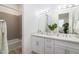 Double vanity bathroom with white cabinets and grey tile shower at 4050 N 12Th St # 5, Phoenix, AZ 85014