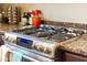 Close up of stainless steel stove in kitchen with granite countertops and dark wood cabinetry at 3650 N Barron --, Mesa, AZ 85207