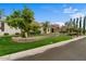 Exterior view of the house showcasing a beautiful lawn, mature trees, and unique architectural details at 2121 N Orchard --, Mesa, AZ 85213