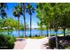 Peaceful lakefront walkway with lush landscaping and palm trees at 9510 E Jadecrest Dr, Sun Lakes, AZ 85248