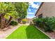 Landscaped backyard featuring a manicured lawn, gravel, and various trees for a serene outdoor living space at 15912 W Marconi Ave, Surprise, AZ 85374