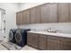 Modern laundry room with gray cabinets, white countertop, and a washer and dryer at 17213 E Morning Vista Ct, Rio Verde, AZ 85263