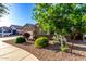 Landscaped front yard featuring colorful desert plants and attractive gravel design and green trees at 20856 E Arroyo Verde Dr, Queen Creek, AZ 85142