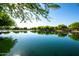 A serene lake surrounded by mature trees, creating a peaceful escape within the community at 40015 W Crane Dr, Maricopa, AZ 85138