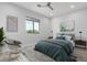 Bright bedroom with teal bedding, modern decor, and a window offering a view at 13924 E Windstone Trl, Scottsdale, AZ 85262