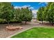 Landscaped backyard featuring desert landscaping, trees, and a brick-ringed seating area at 3835 E Leland St, Mesa, AZ 85215