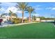 Large grassy backyard with palm trees and a view of the house at 6229 E Gold Dust Ave, Paradise Valley, AZ 85253