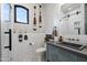 Bathroom with gray vanity, white subway tile, and patterned floor at 6229 E Gold Dust Ave, Paradise Valley, AZ 85253