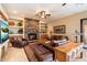 Gathering room with a stone fireplace, leather seating, and built-in shelves at 9784 E Miramonte Dr, Scottsdale, AZ 85262