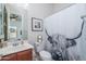 Well-lit bathroom with a single vanity, toilet, and a decorative shower curtain at 15312 S 181St Dr, Goodyear, AZ 85338