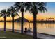 Sunset at the community lake with palm trees, walking path, and mountain views at 15312 S 181St Dr, Goodyear, AZ 85338