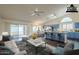 Open-concept living area with modern blue cabinets, stainless steel appliances, and sliding glass doors to the backyard at 14426 W Morning Star Trl, Surprise, AZ 85374