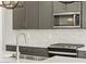 Close up on sink, stove and microwave in the kitchen. Plenty of quartz counter space for preparing meals at 17737 W Elm St, Goodyear, AZ 85395