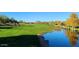 Scenic golf course view featuring lush green fairways, a tranquil pond, and mountain backdrop at 28831 N 128Th Dr, Peoria, AZ 85383