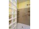 Bright walk-in shower featuring glass block window and multiple shelves at 11250 E Kilarea Ave # 252, Mesa, AZ 85209