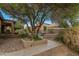 Beautiful backyard landscaping featuring mature trees, shrubs, and a charming walkway to seating area at 3799 N 154Th Dr, Goodyear, AZ 85395