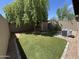 A lush backyard featuring a shade tree, storage shed, and artificial turf for easy maintenance at 5839 E Norwood St, Mesa, AZ 85215