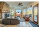 Cozy living room features stone fireplace and large windows at 6074 E Los Reales Dr, Carefree, AZ 85377