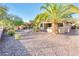 Spacious backyard with desert landscaping, palm trees, and a covered patio at 19425 N Guardian Ln, Surprise, AZ 85387