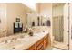 Bathroom boasts double vanity, decorative shower curtain, and neutral color palette at 2554 E Honeysuckle Pl, Chandler, AZ 85286